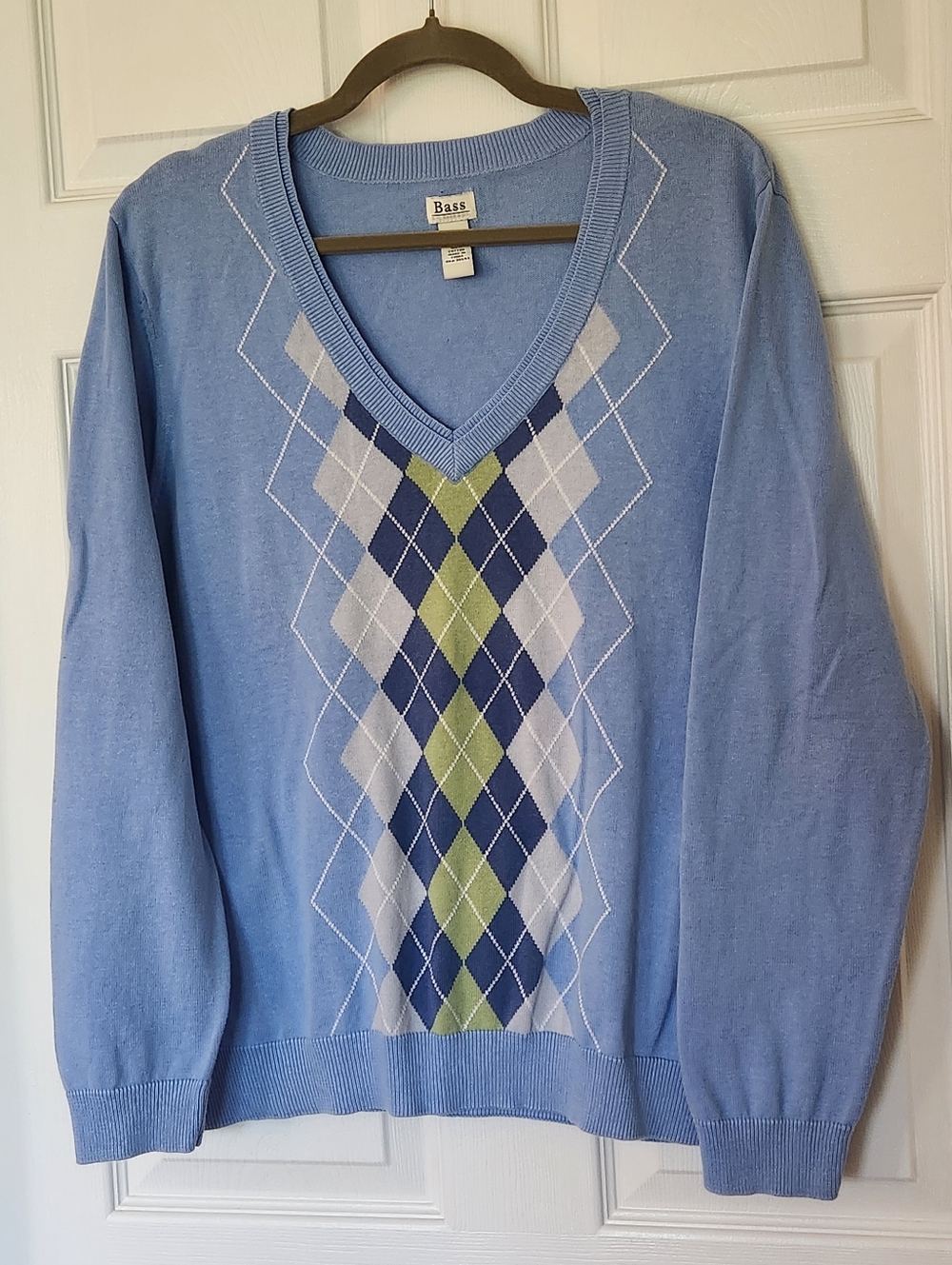 Bass 100% Cotton Light Blue V-Neck Argyle Sweater